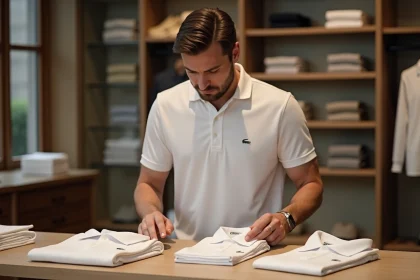 Homme examinant deux polos crocodile en boutique élégante