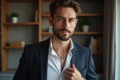 Homme élégant portant un collier en argent dans un intérieur moderne