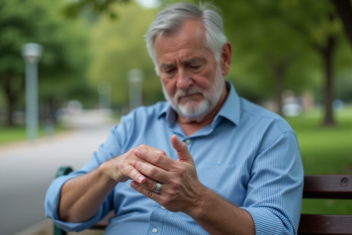 Homme examine son doigt avec une bague enlevée dans un parc