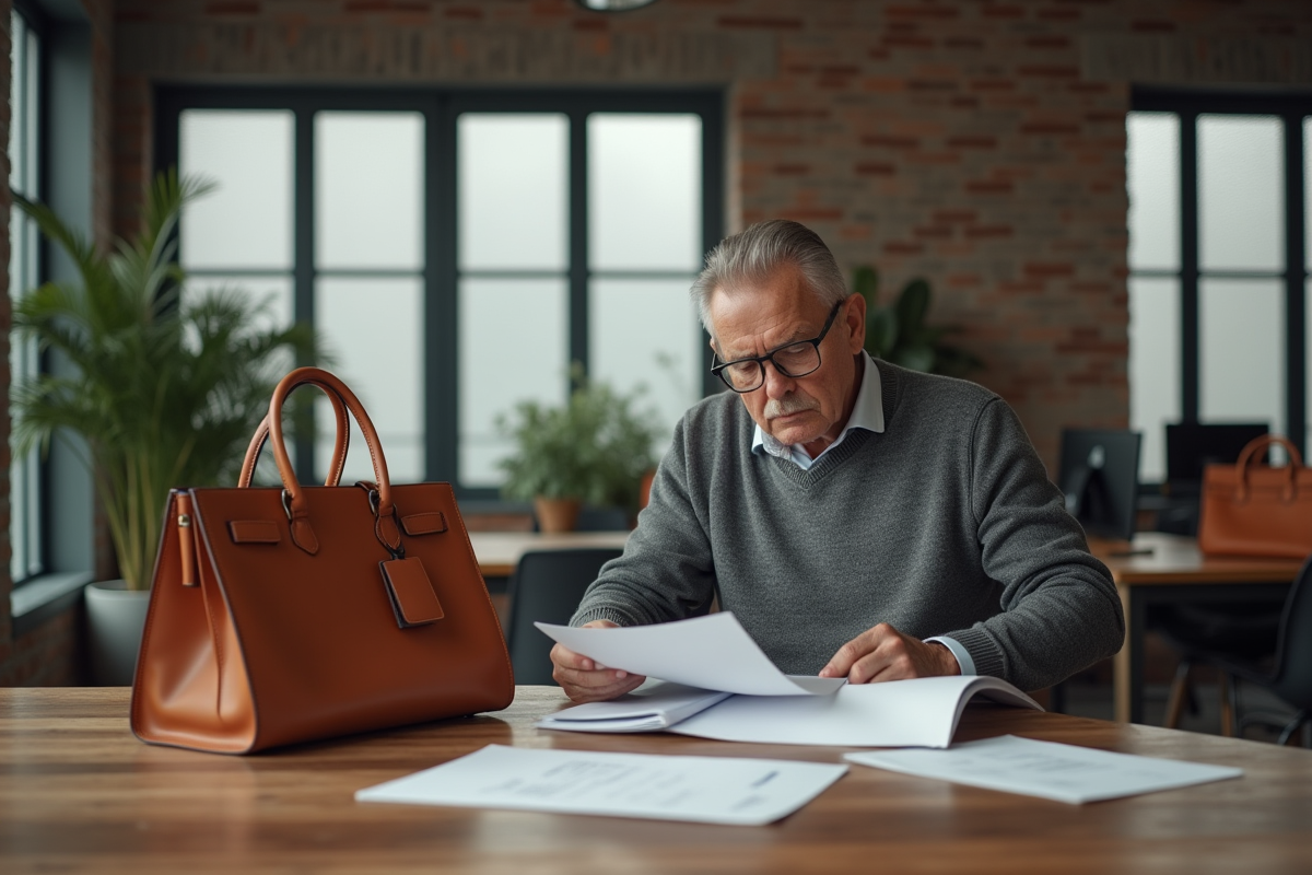 Homme d affaires examinant papiers avec sacs de luxe
