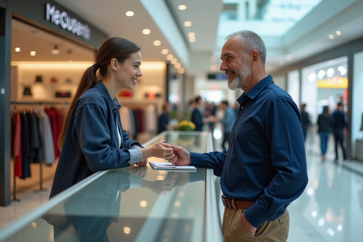 Homme remettant carte à un employé dans centre commercial
