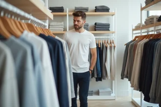 Homme en t-shirt blanc et chino marine faisant du shopping de vêtements basiques dans un magasin Kiabi moderne