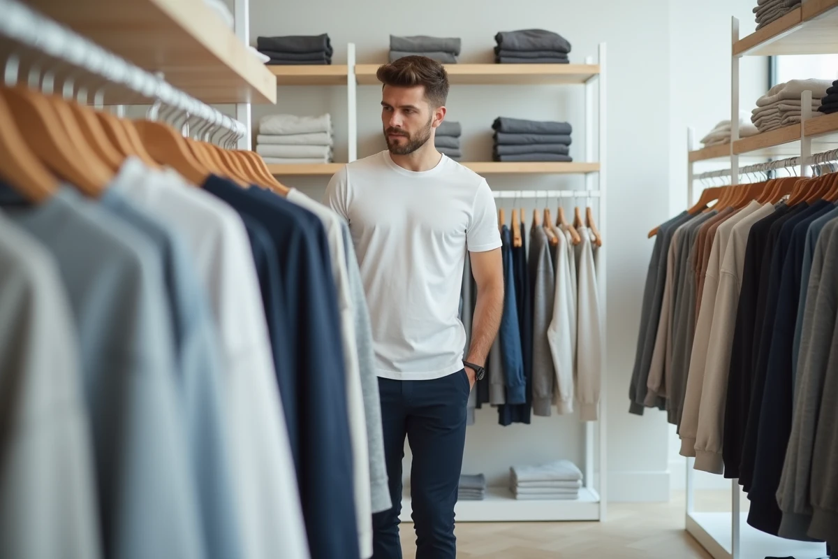 Homme en t-shirt blanc et chino marine faisant du shopping de vêtements basiques dans un magasin Kiabi moderne