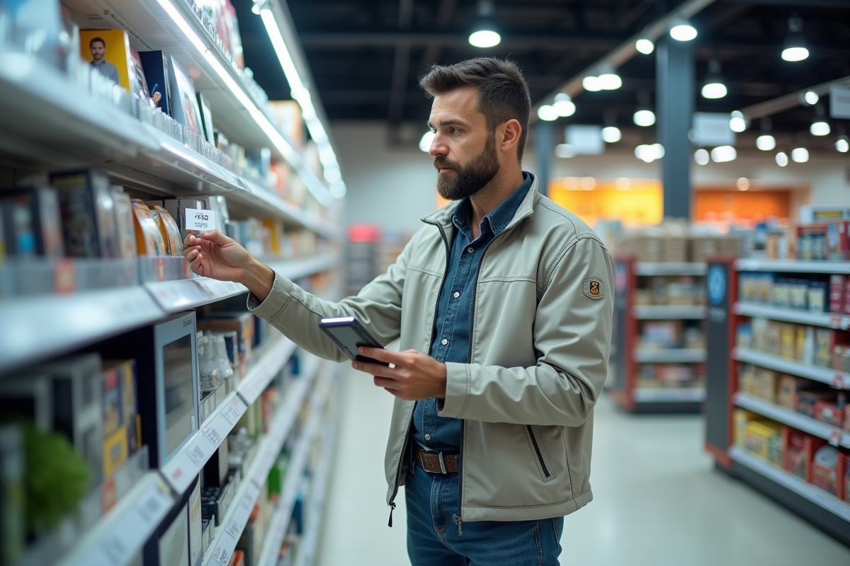 Homme examinant des produits électroniques en supermarche