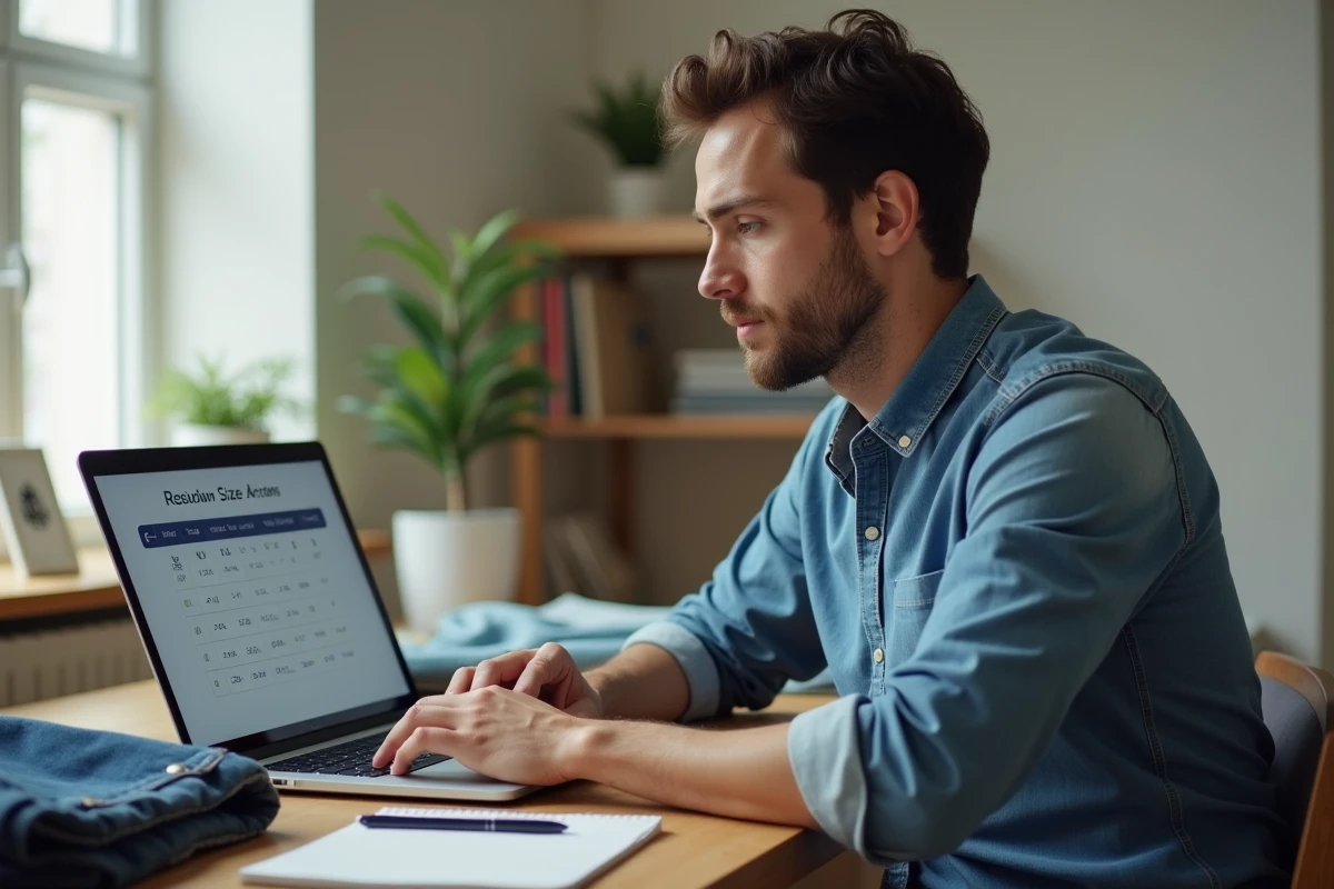 Homme comparant des tableaux de conversion de tailles de vêtements internationaux sur un ordinateur portable à son bureau