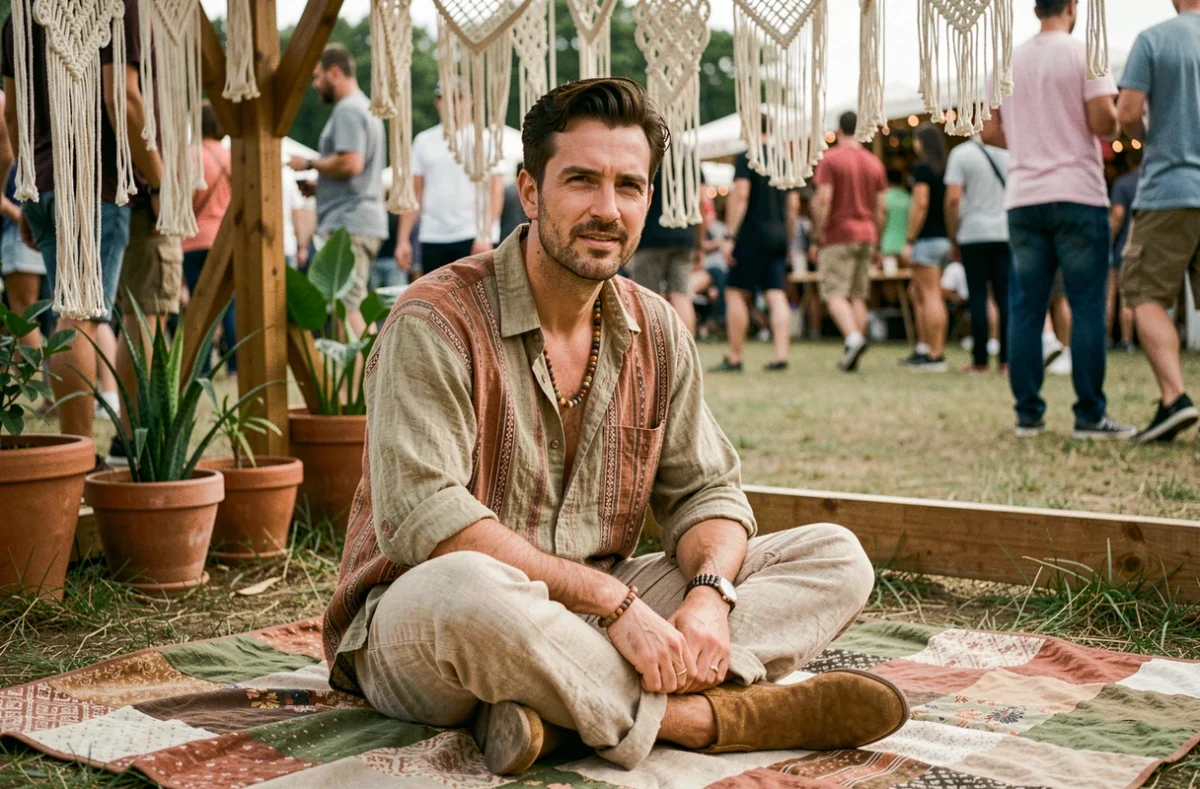 Homme en tenue hippie bohème avec chemise en lin et colliers de perles assis sur un plaid dans un festival de musique