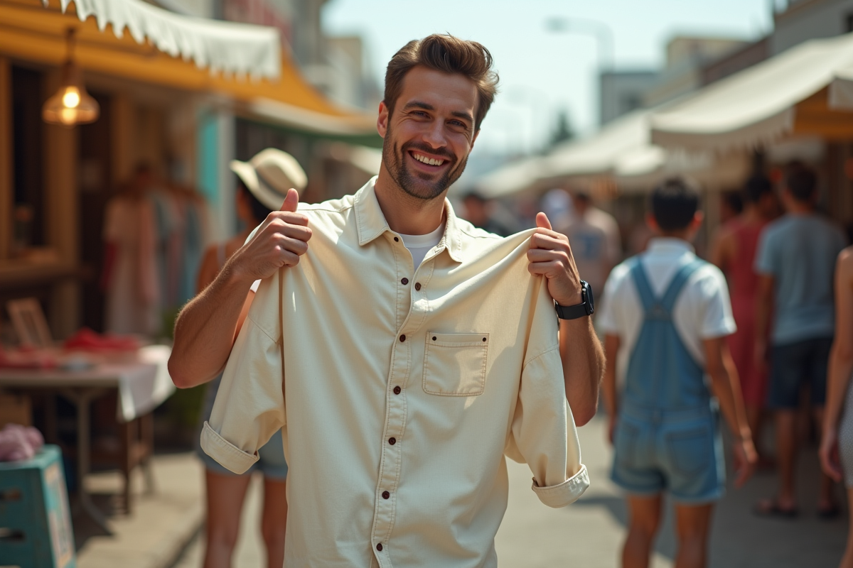 Homme souriant tenant une chemise ancienne dans un marché