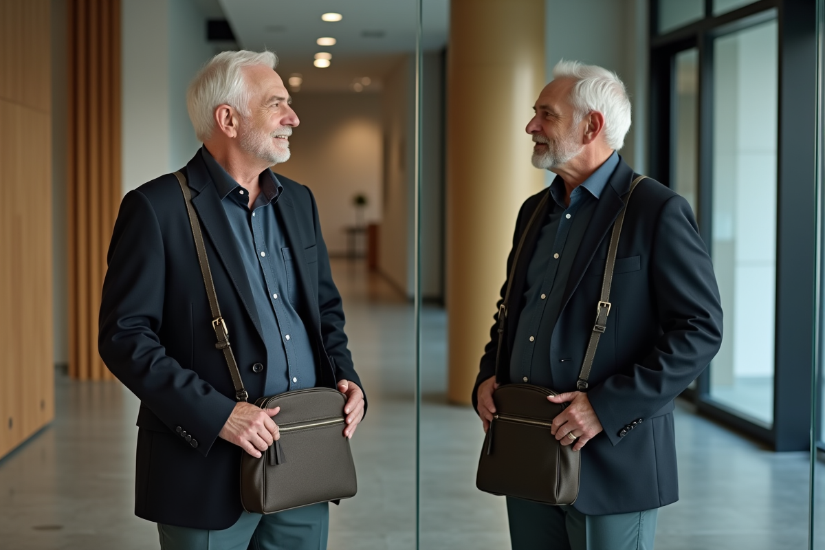 Homme âgé vérifiant la longueur du sac à l office