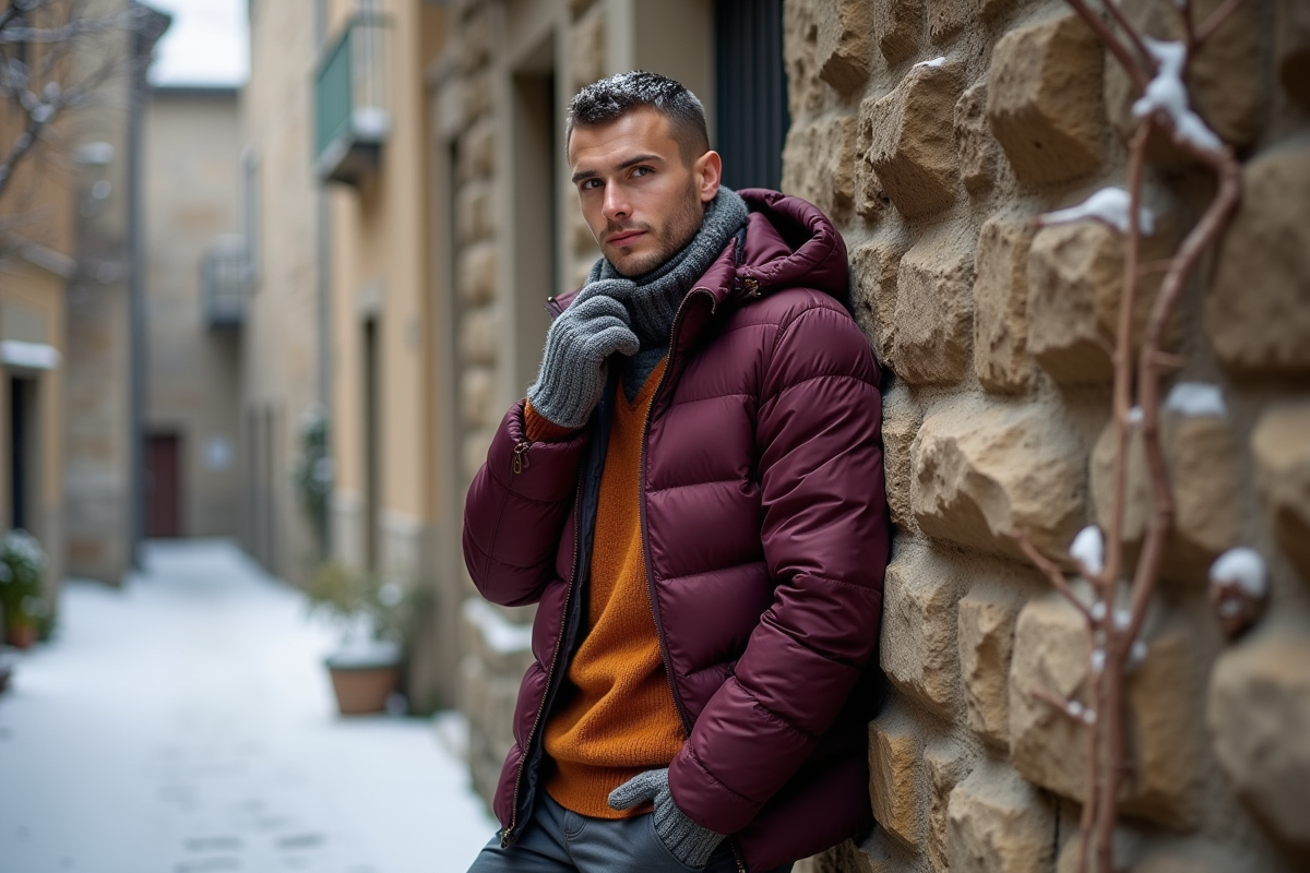 Homme en doudoune aubergine dans une rue ancienne en hiver