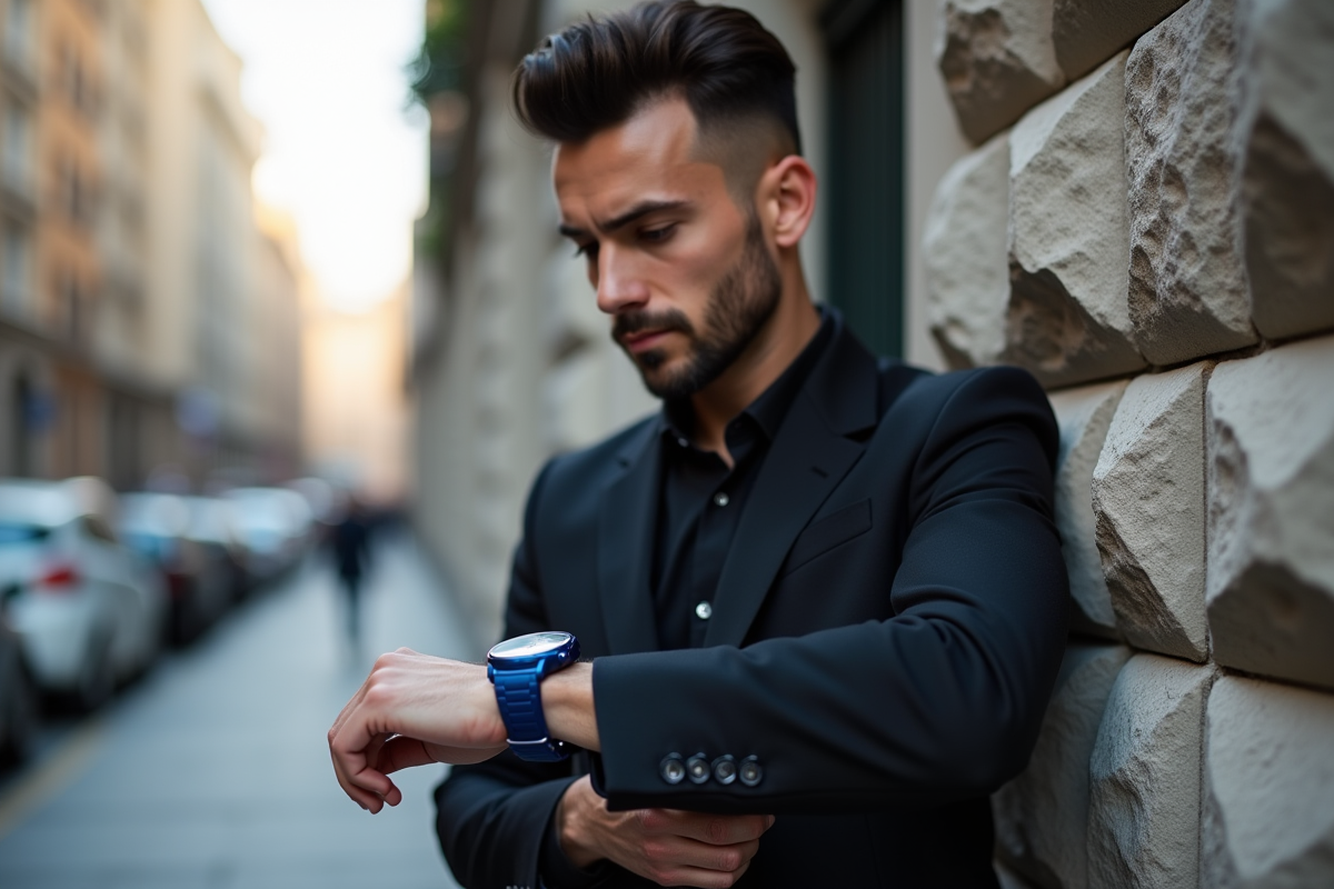 Homme en ville ajustant sa montre bleue
