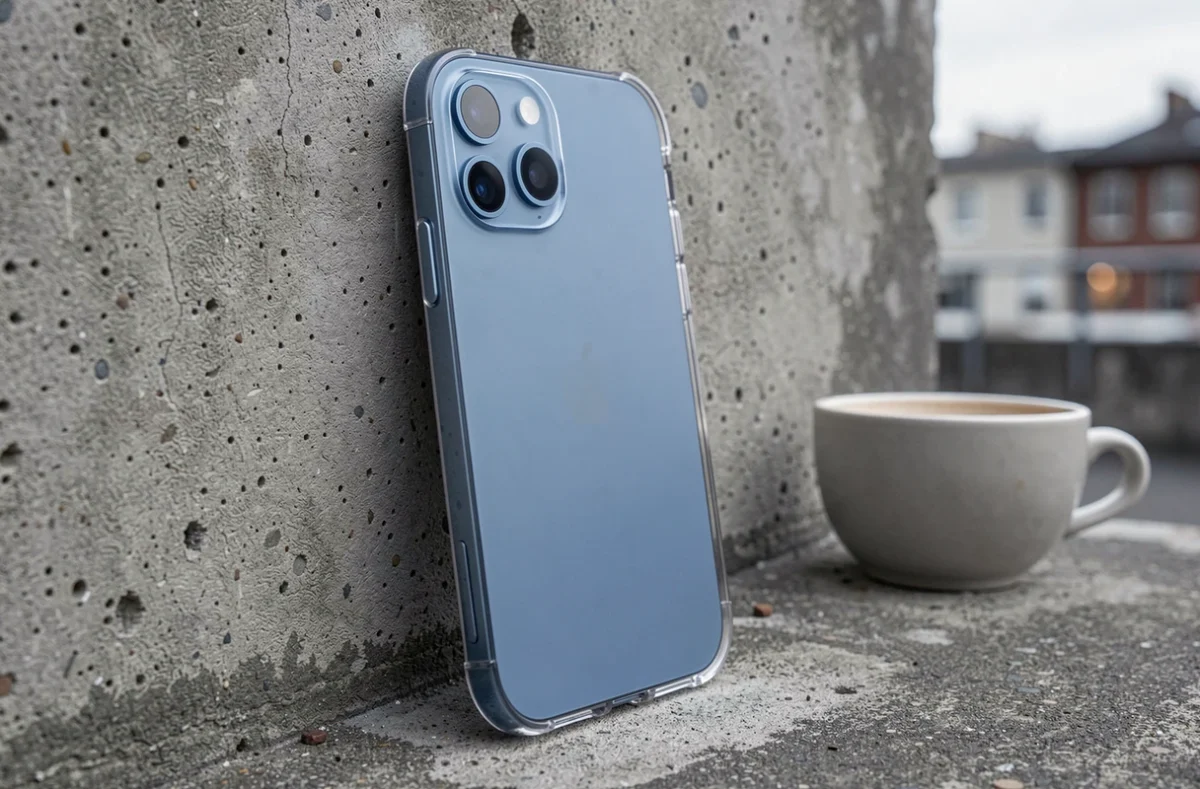 iPhone 14 Plus avec coque transparente posé contre un mur en béton brut sur une terrasse urbaine