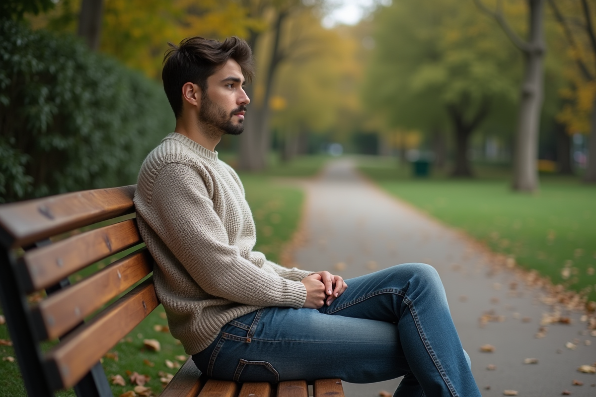 Jeune homme en jeans délavés dans un parc urbain