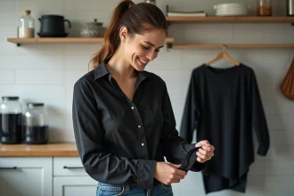 Jeune femme examine ses manches d’un coton noir fraîchement teint