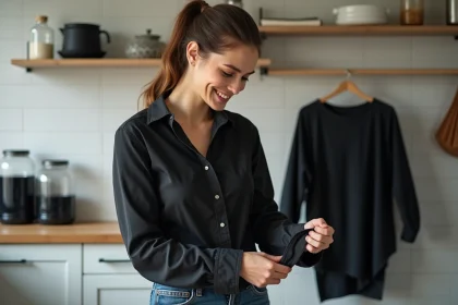 Jeune femme examine ses manches d’un coton noir fraîchement teint