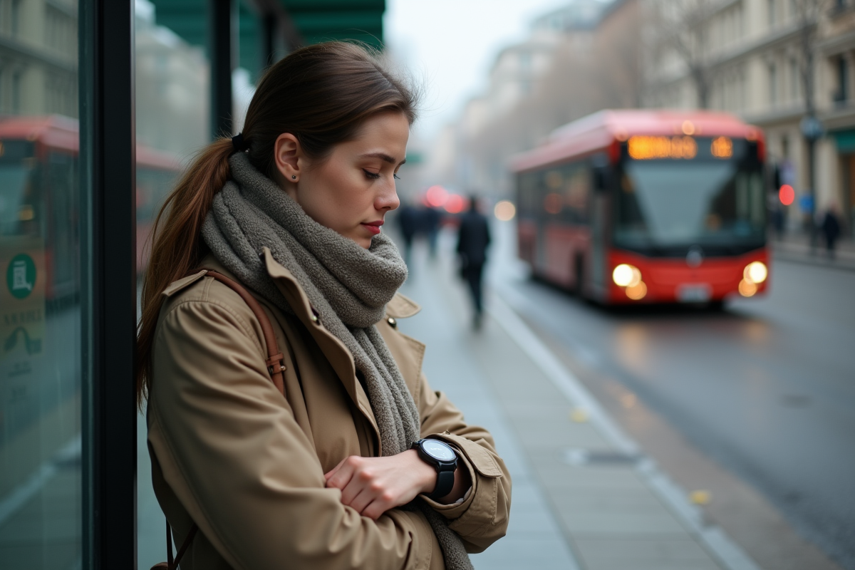 Jeune femme regardant sa montre au bus dans la ville moderne