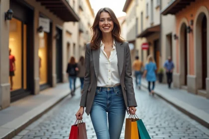 Jeune femme chic avec sacs à shopping dans la rue de Miramas