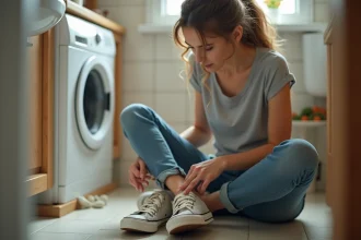 Jeune femme inspectant ses sneakers usés dans la salle de bain
