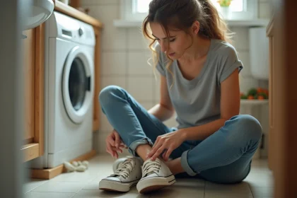 Jeune femme inspectant ses sneakers usés dans la salle de bain