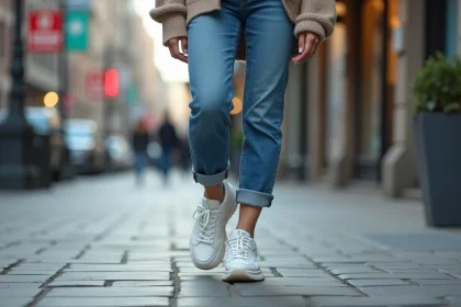 Jeune femme marchant en ville ajustant ses sneakers blanches