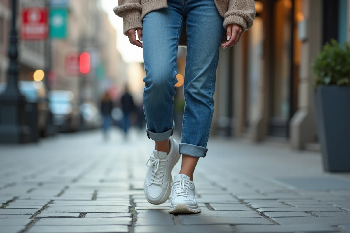 Jeune femme marchant en ville ajustant ses sneakers blanches