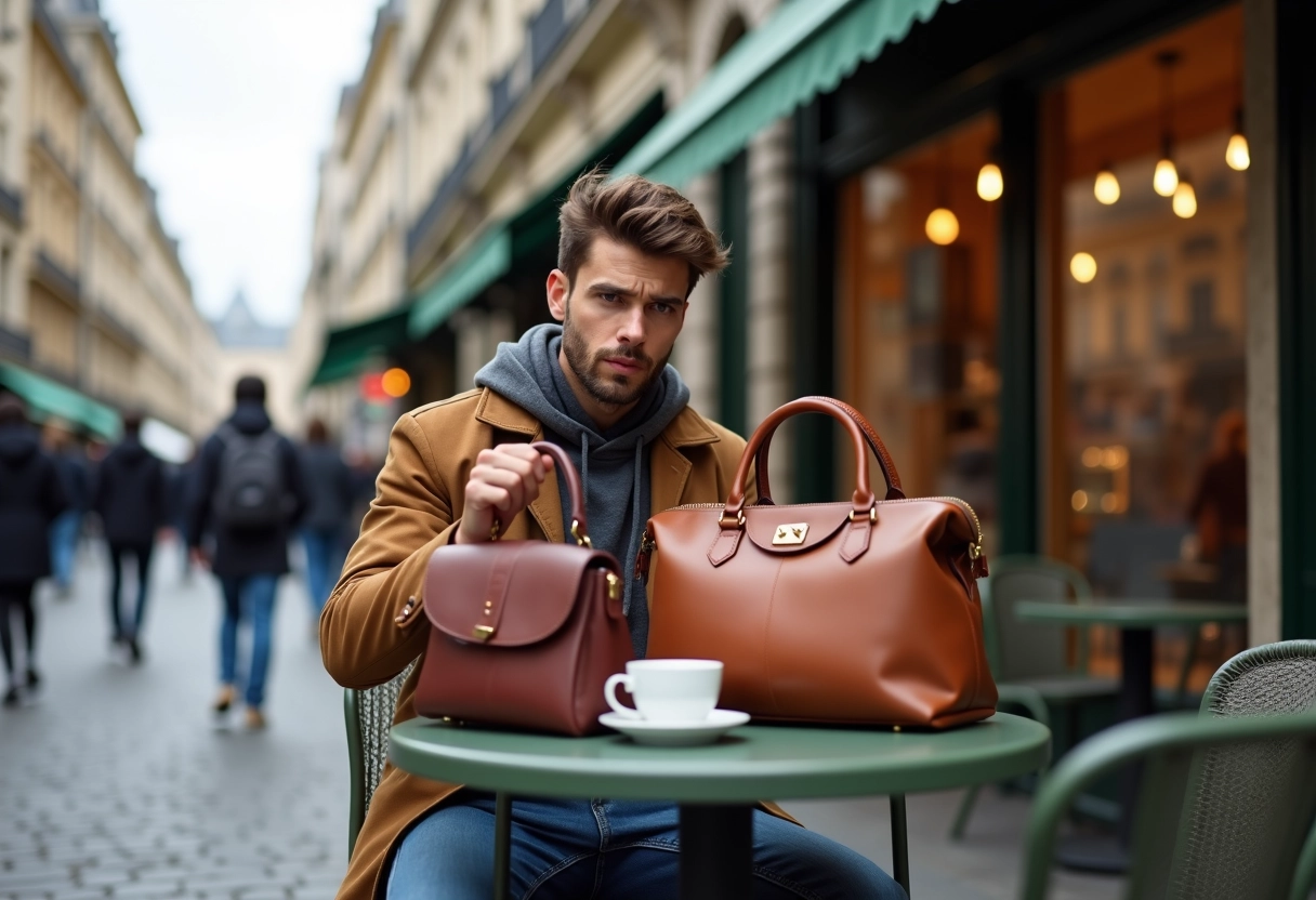 Jeune homme comparant deux sacs dans un café parisien