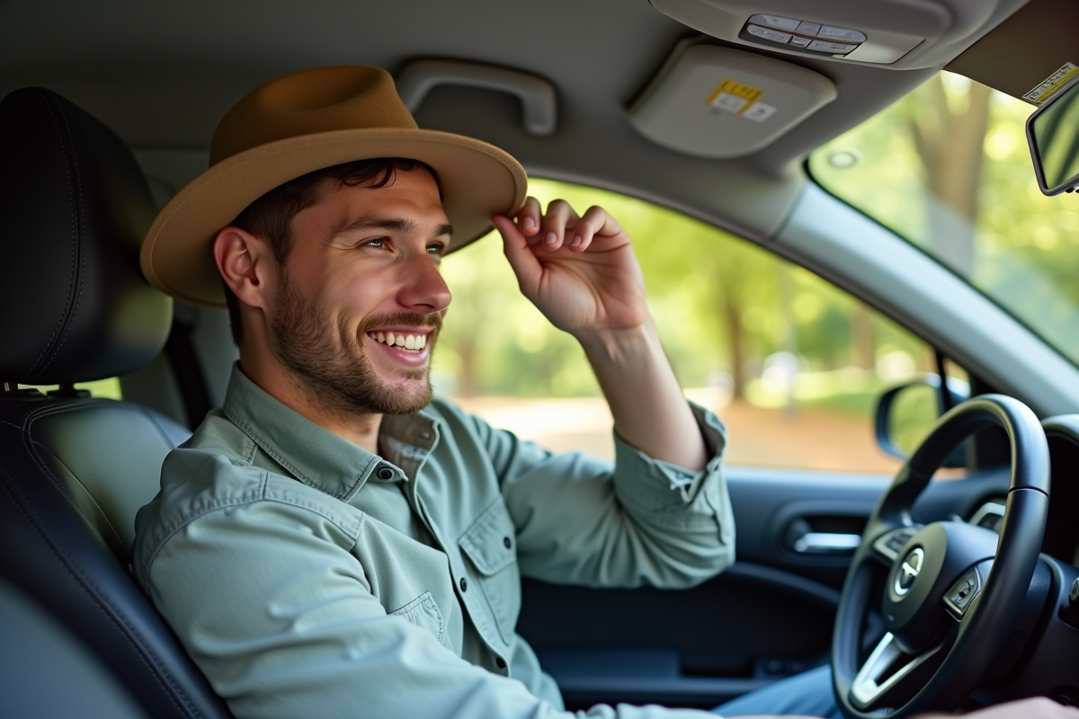 Jeune homme ajustant son chapeau avant de conduire