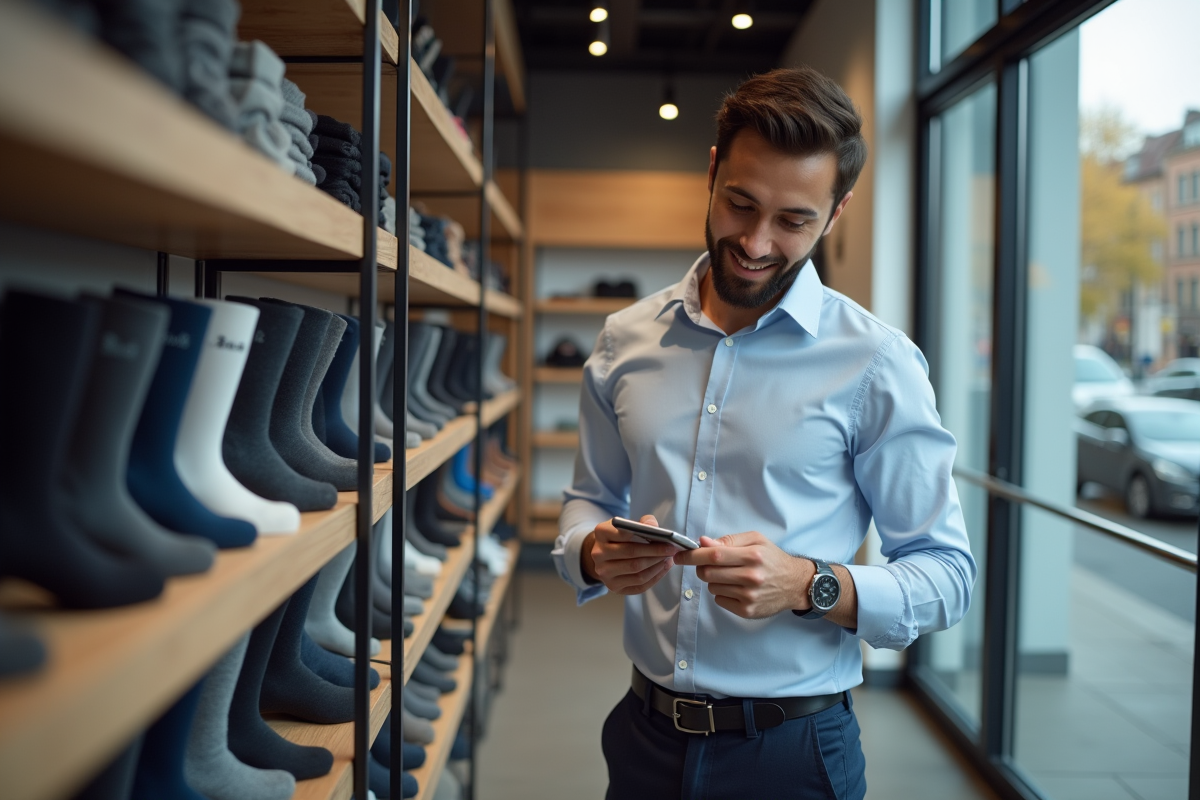 Jeune homme choisissant des chaussettes en magasin