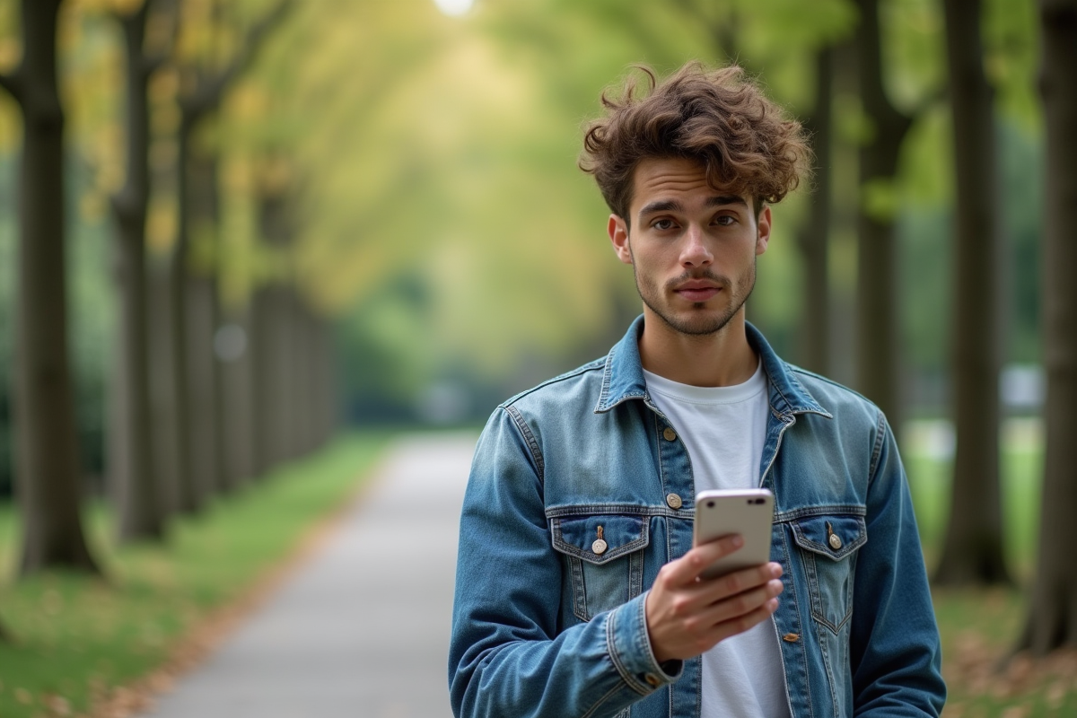 Jeune homme en extérieur comparant des styles de coiffure avec son smartphone