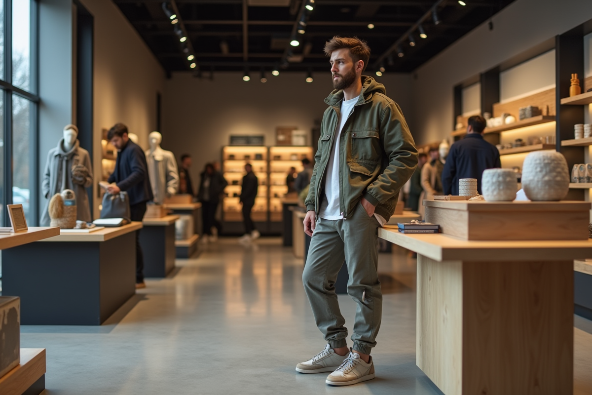 Jeune homme examine une affiche digitale dans un magasin moderne