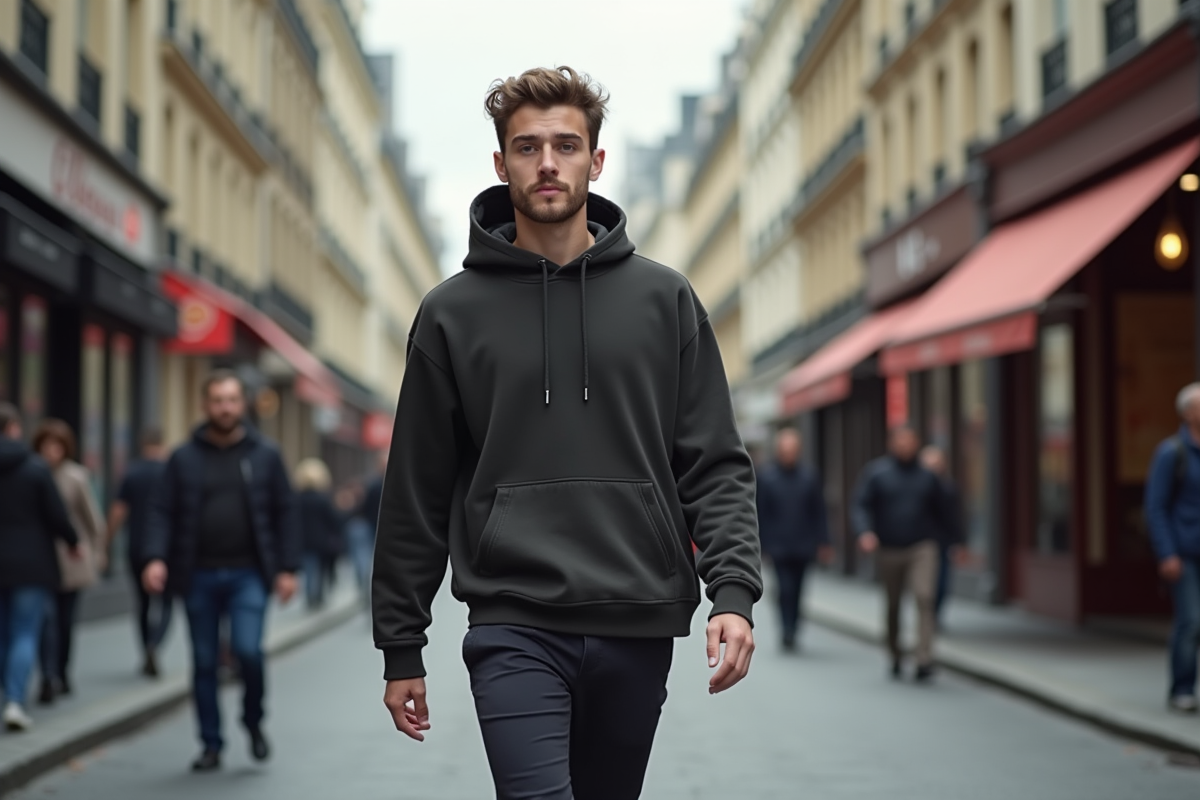 Jeune homme français en hoodie dans une rue parisienne animée