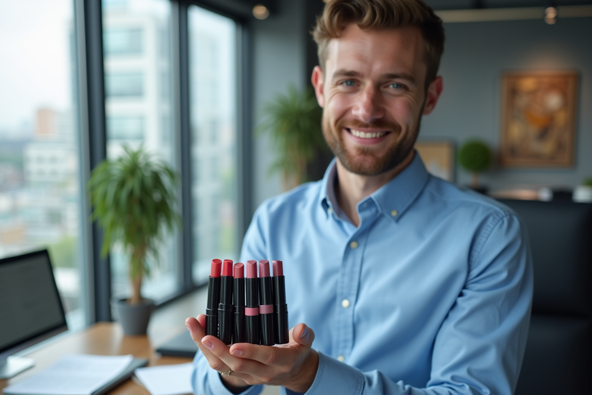 Jeune homme professionnel tenant des rouges à lèvres colorés au bureau