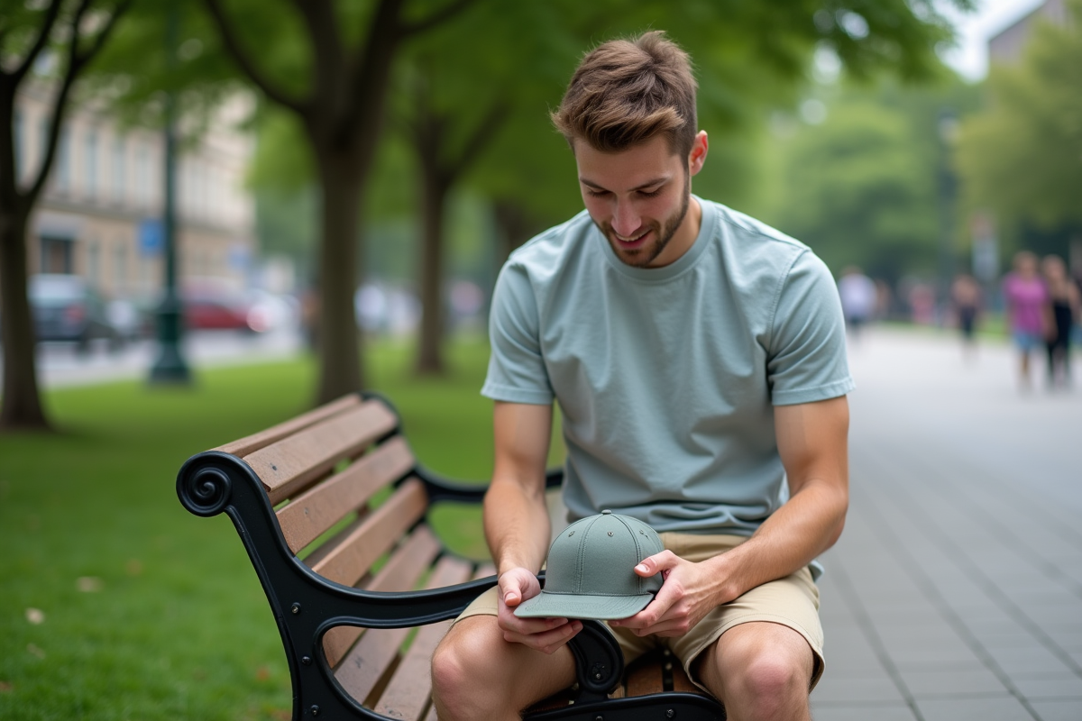 Jeune homme dans un parc examinant deux casquettes sur ses genoux
