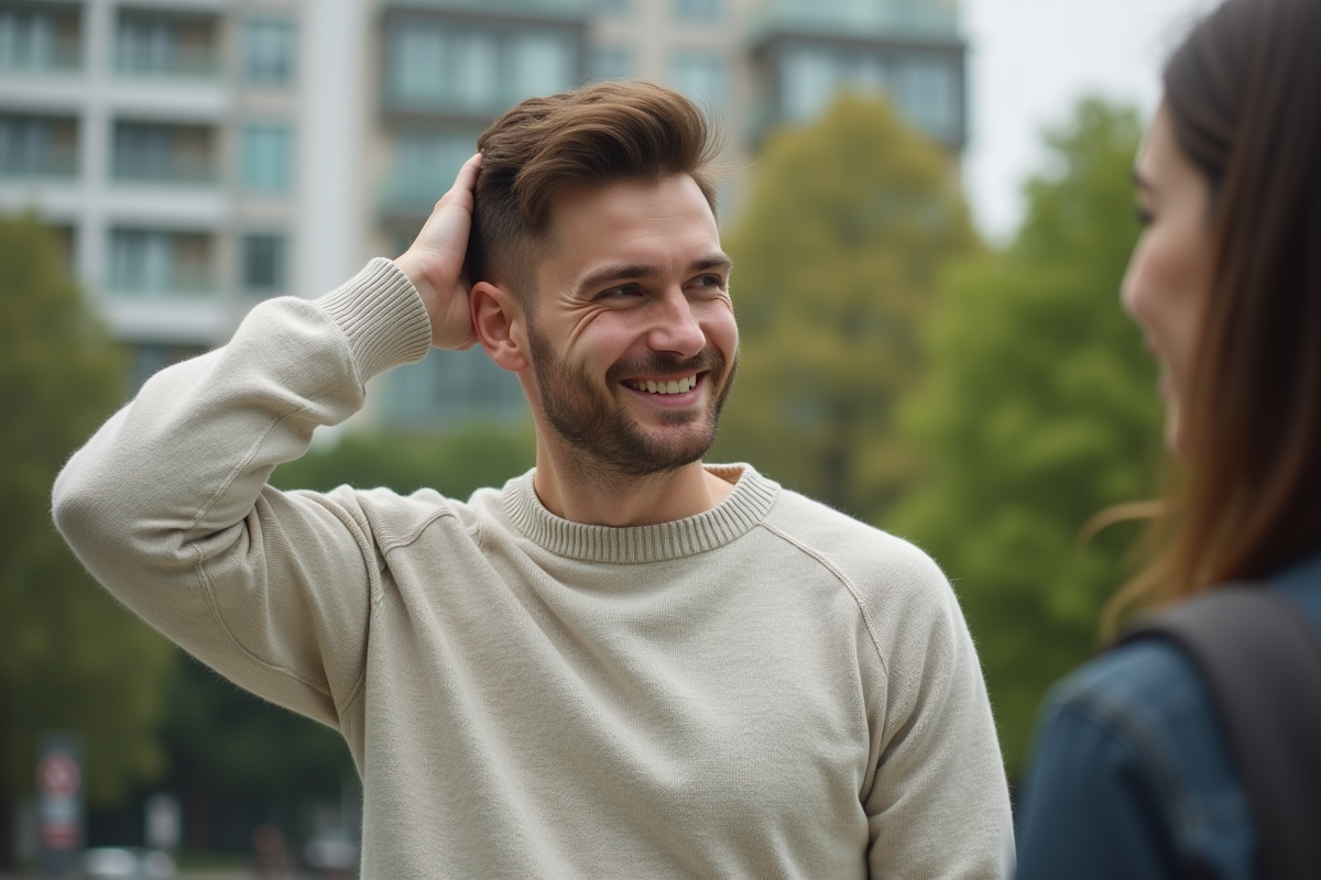 Jeune homme souriant dans un parc urbain