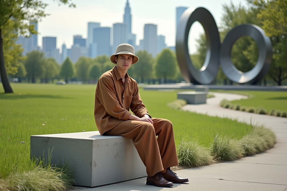 Jeune homme en pantalon terre et chapeau dans parc urbain