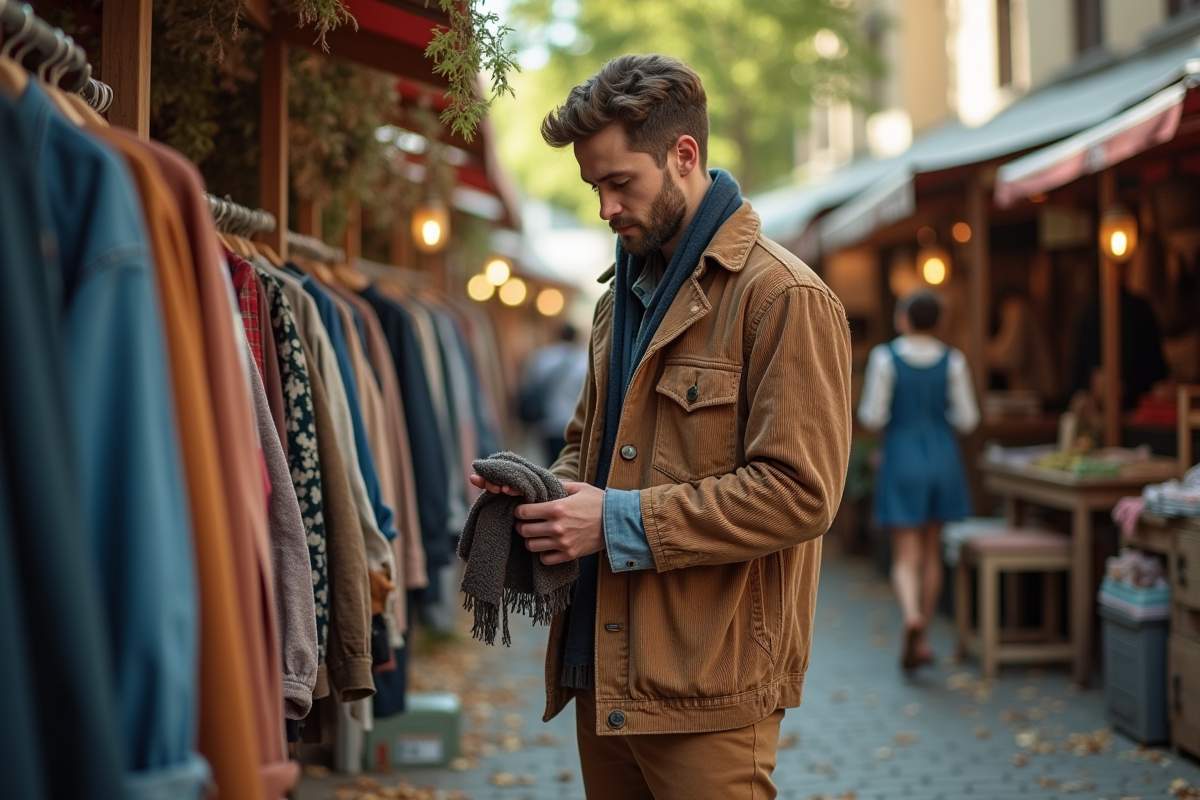 Jeune homme regardant des vêtements vintage dans un marché en plein air