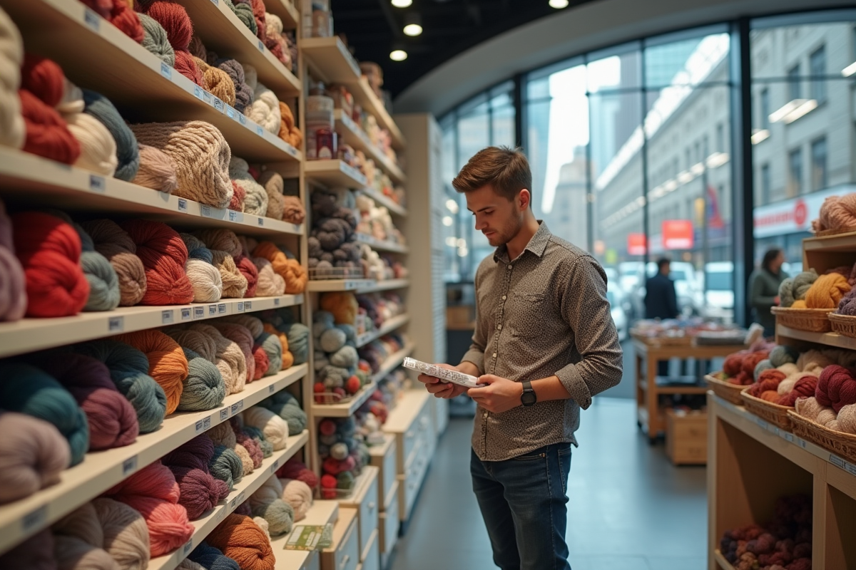 Jeune homme choisissant des pelotes de laine en magasin