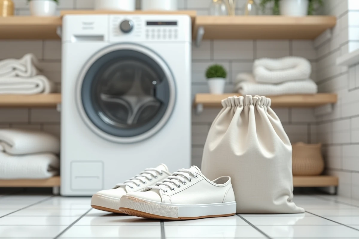 Baskets blanches posées devant un lave-linge avec un filet de lavage, prêtes à être nettoyées en machine