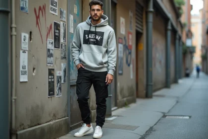 Jeune homme en hoodie streetwear graphique et cargo slim posant devant un mur béton urbain avec affiches collées
