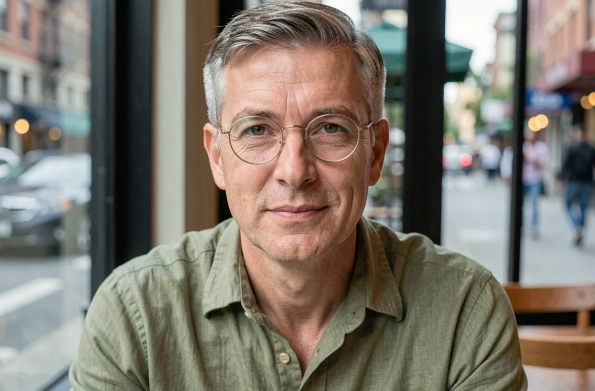 Homme de 50 ans aux cheveux gris portant des lunettes rondes à monture fine dorée dans un café urbain, look rajeuni