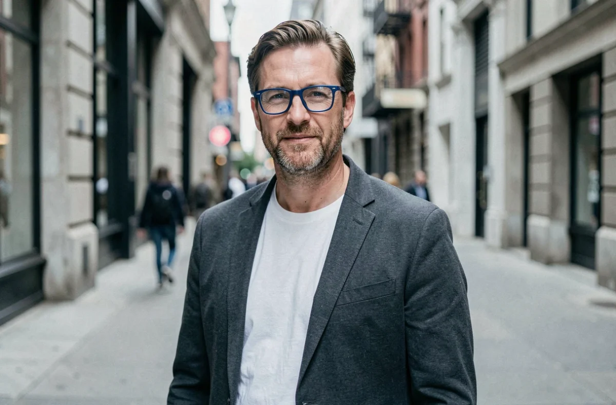 Homme de 45 ans portant des lunettes semi-sans-monture bleues et un blazer gris, style rajeunissant en ville