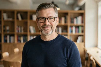Homme de 45 ans portant des lunettes de vue rectangulaires en acétate écaille de tortue, style rajeunissant, dans un bureau moderne
