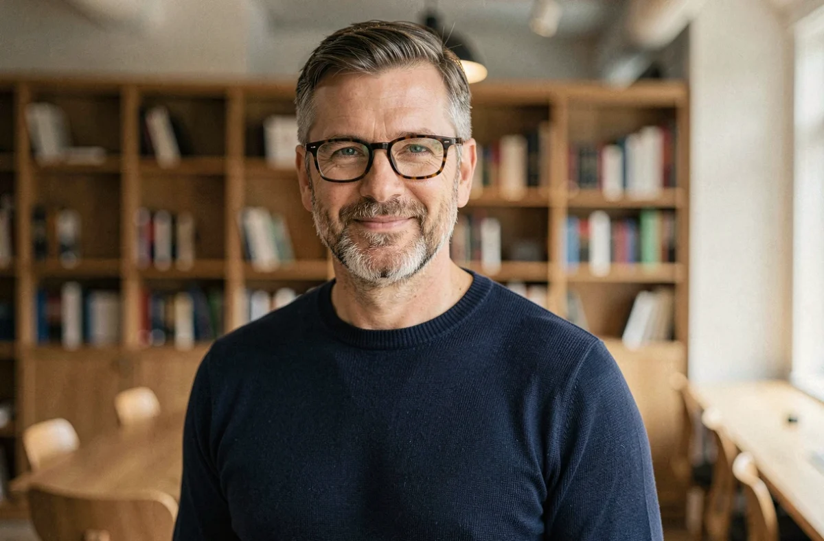 Homme de 45 ans portant des lunettes de vue rectangulaires en acétate écaille de tortue, style rajeunissant, dans un bureau moderne