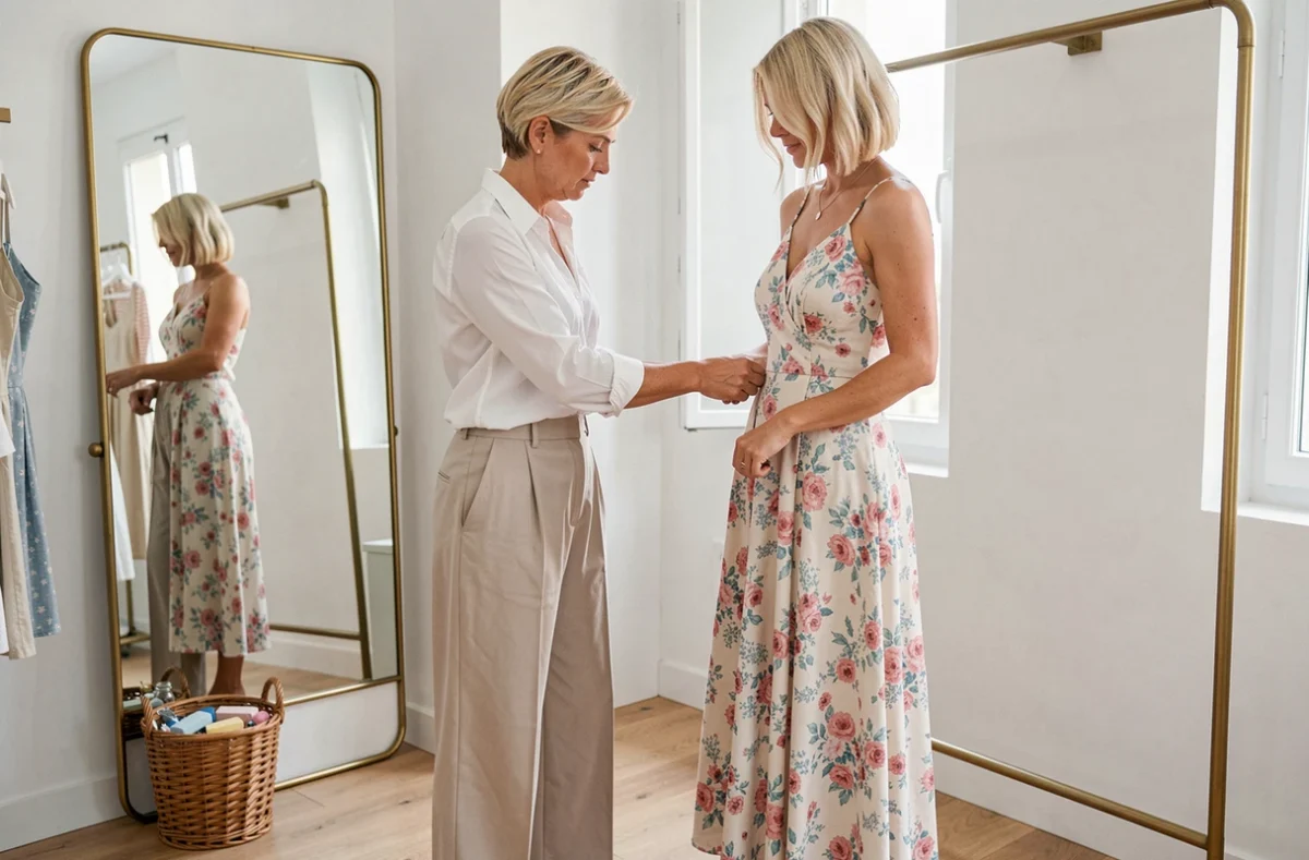 Retoucheuse épinglant l'ourlet d'une robe fleurie sur une cliente dans la boutique Ma Tenue Personnalisée à La Ciotat