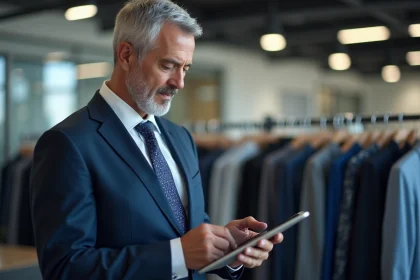 Manager en costume bleu examine un tableau numérique de vêtements