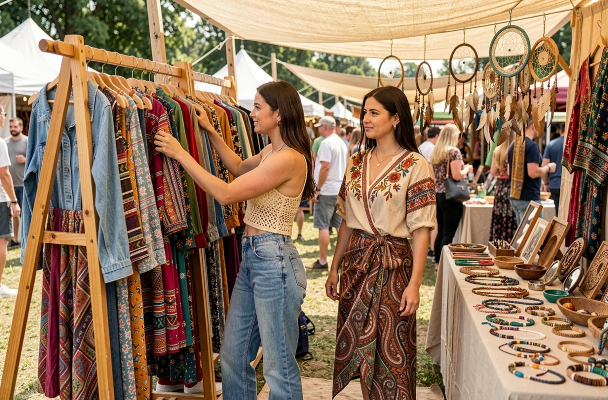 Deux femmes explorant un marché de vêtements hippie vintage dans un festival en plein air avec des tenues bohèmes colorées