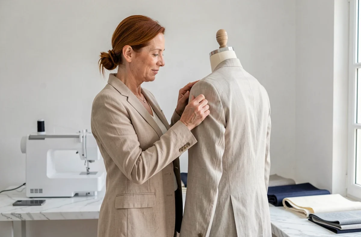 Couturière ajustant l'épaule d'un costume en lin sur un mannequin dans l'atelier Mari Marinette Couture à Venelles