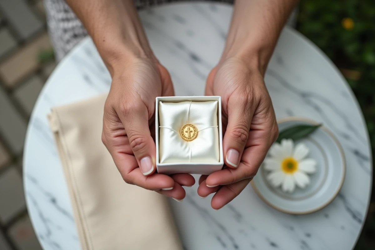 Mains de grand-parent tenant un écrin avec une médaille de baptême en or gravée sur une table en marbre