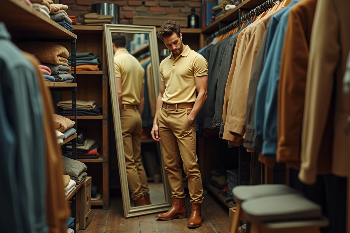 Jeune homme essayant un look années 60 dans une friperie vintage, pantalon camel et polo moutarde, mode rétro accessible petit budget