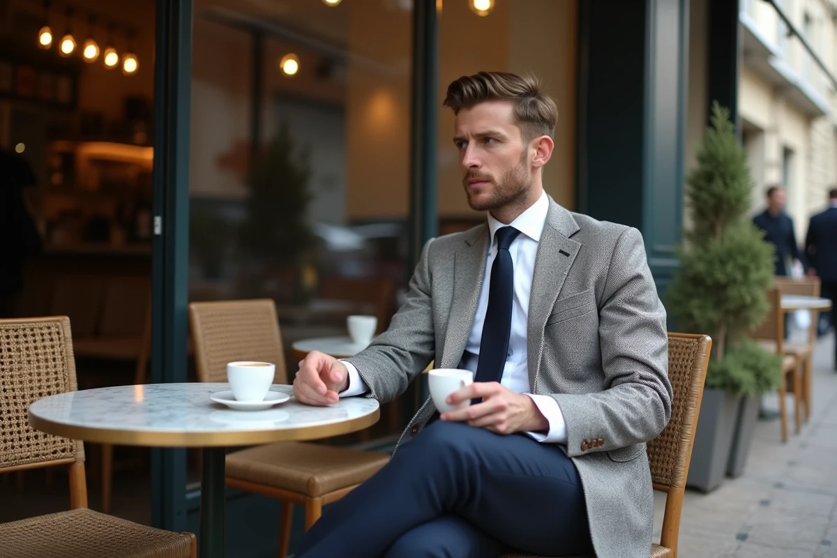 Homme élégant en costume années 60 style Mod assis en terrasse de café parisien, look vintage chic affordable avec veste hérringbone et cravate slim