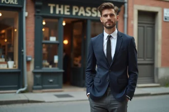Homme en tenue style années 60 avec blazer marine et pantalon slim gris dans une rue pavée européenne, look mode vintage petit budget